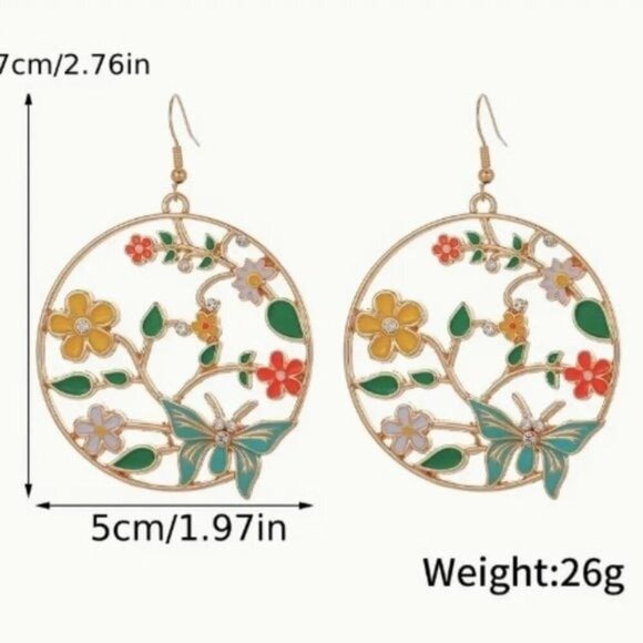 24k Gold Plated Flower Butterfly Water Drop Hoop Earrings - Picture 6 of 6